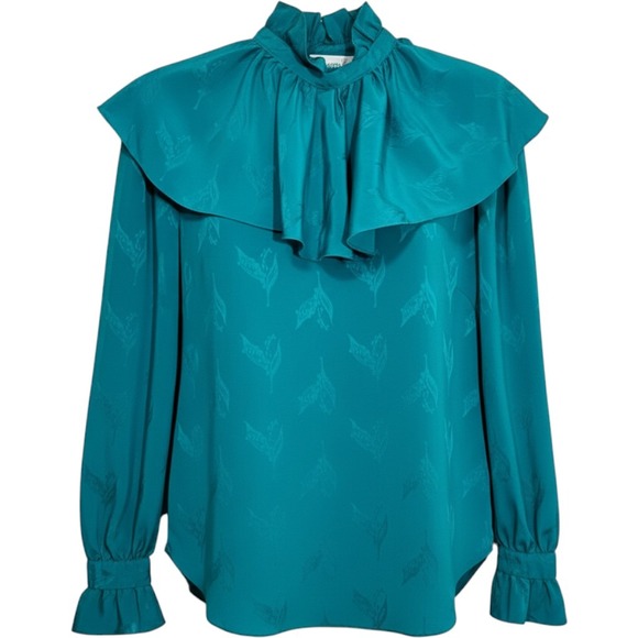 Bethany Classics Tops - Bethany Classics Blouse Womens XL Teal Ruffle Neck Jacquard Long Sleeve